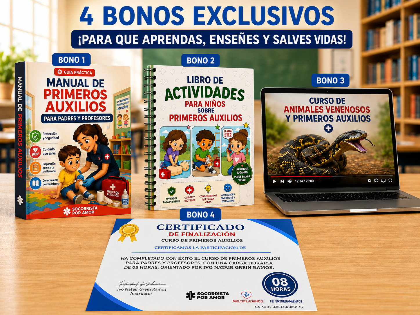 Bonos exclusivos: cartilla, manual, libro de actividades y certificado